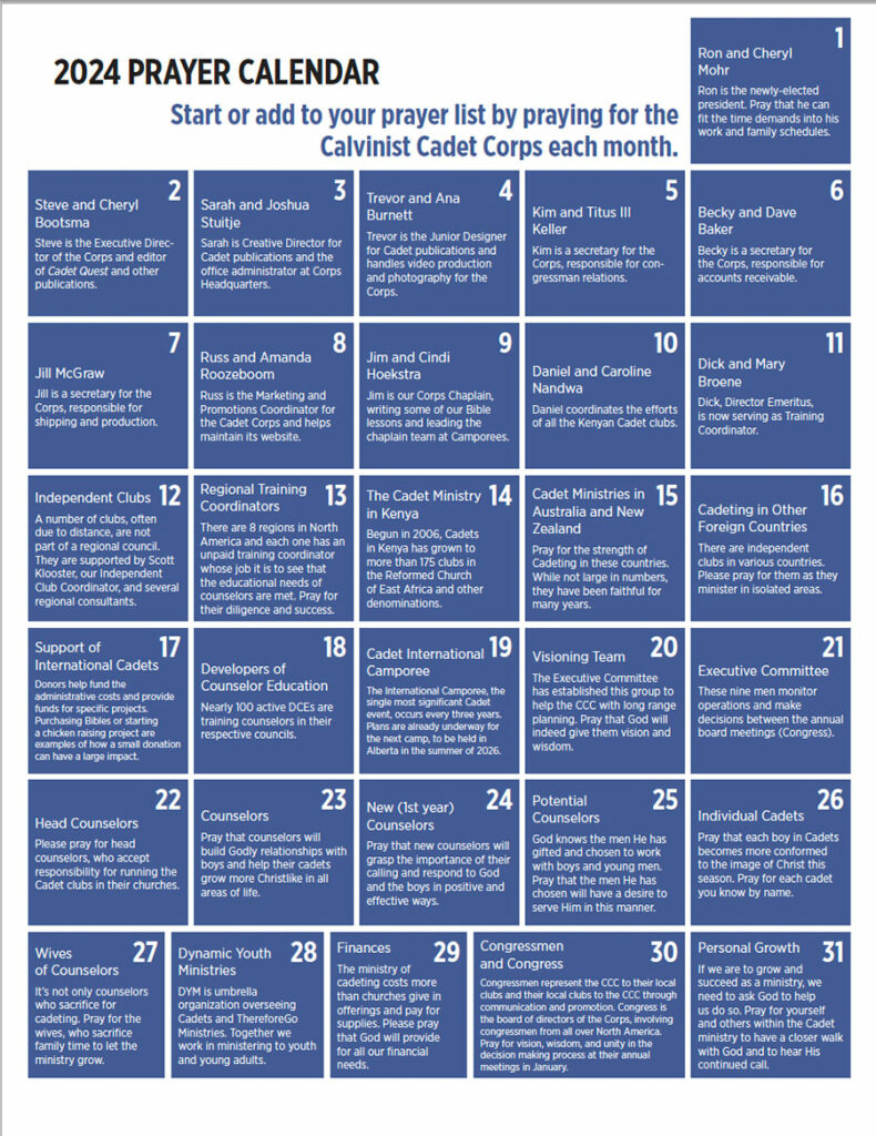 2024 Prayer Calendar Cadets